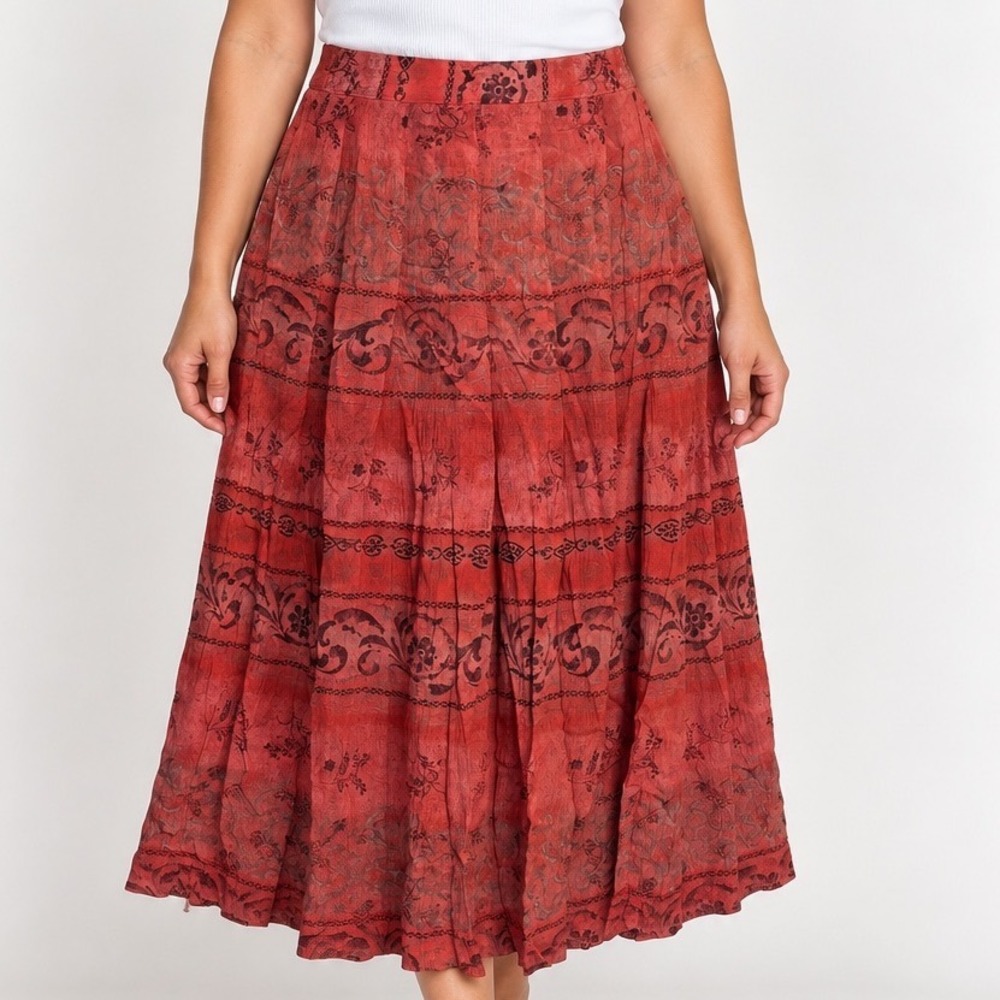 Koret Rust Red Boho Floral Midi Skirt Medium 100% Rayon Artsy Vintage Eclectic